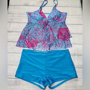 Rosegal Geo Bow Knot Adjustable Strap‎ Tankini Swimsuit Turquoise Pink Size 2X